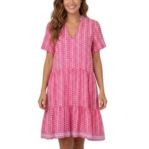 LA PLAGE Alison Shorts Sleeve Mini Dress Size Large Vines Sorbet Coral Pink